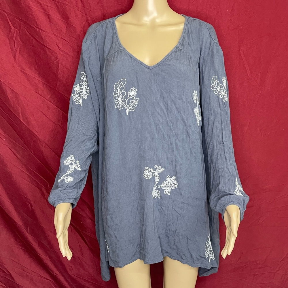 Natural Reflections Gray Gauze Embroidered Balloon Sleeve Peasant Top Size 3X